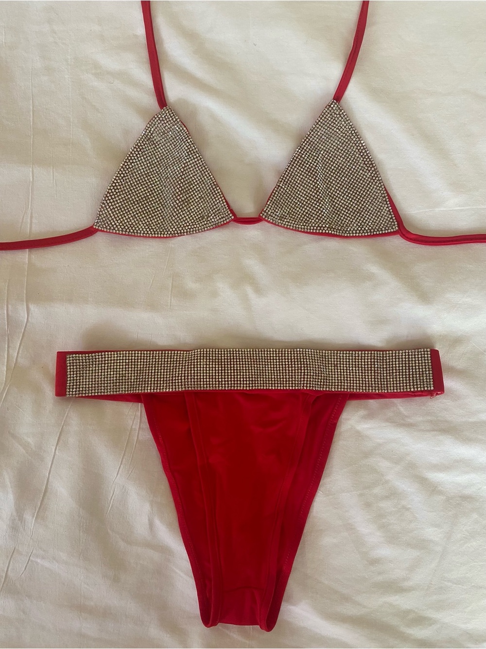 Red Rhinestone-Embellished Triangle Bikini